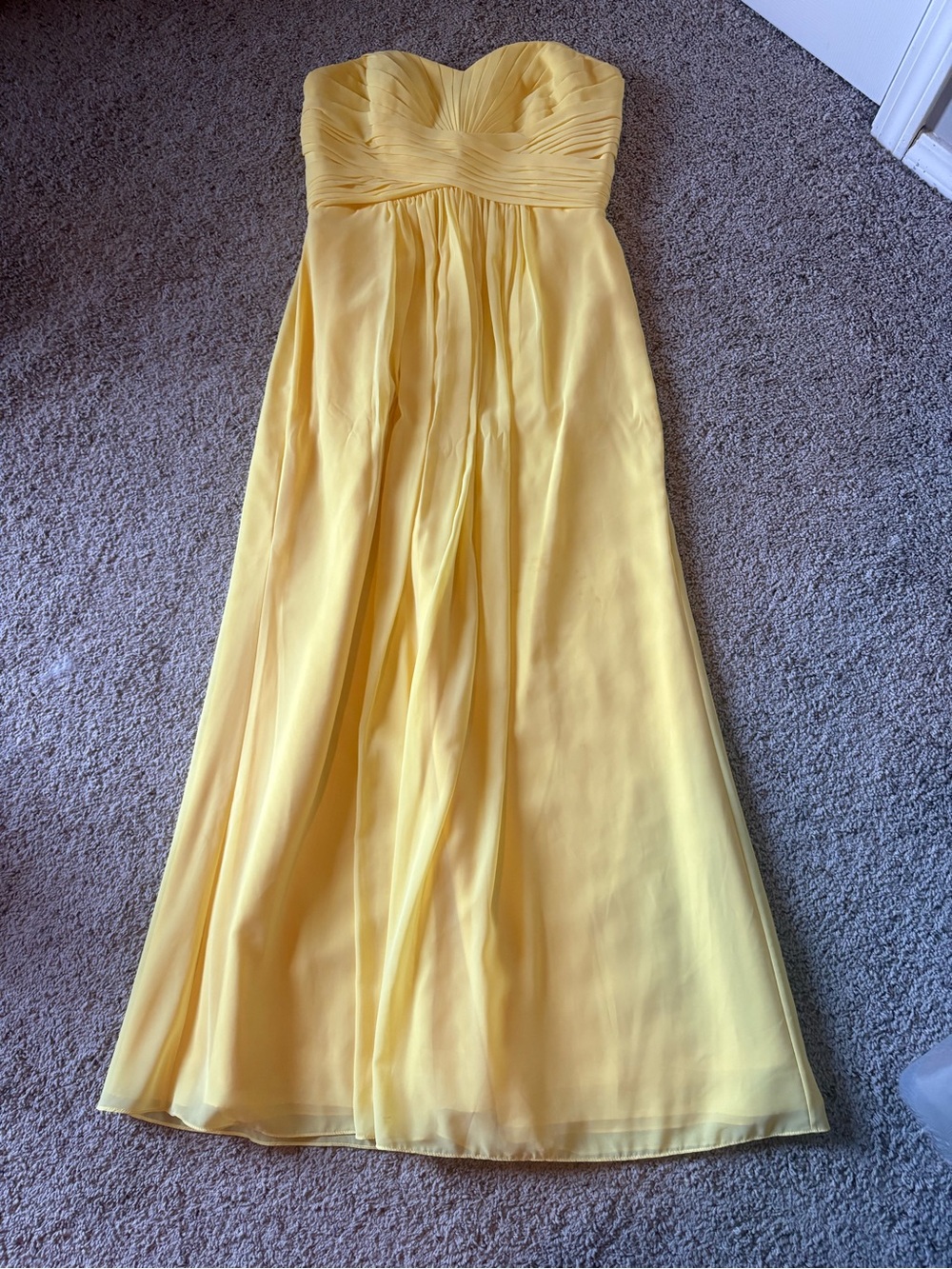 David's Bridal Strapless Soft Yellow Chiffon Gown